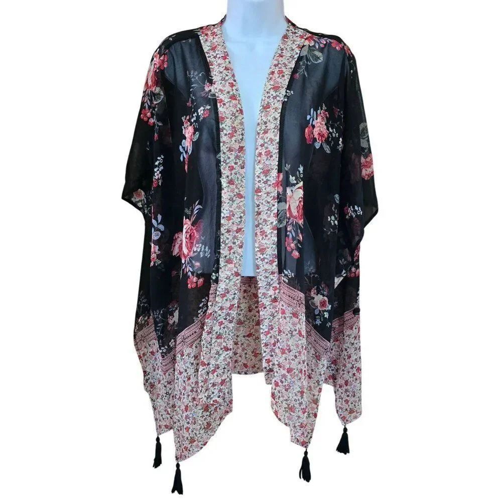 Floral Kimono Cardigan Tassels Lightweight Sheer Black Pink coquette sheer chic